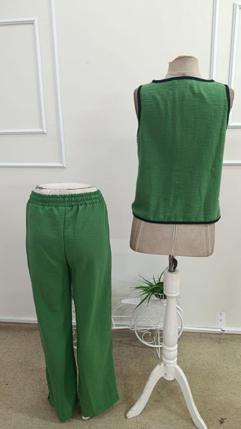Women's Sleeveless Button-Front Vest and Pants Two-Piece Set, 34193