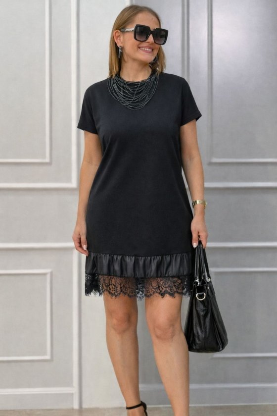 Women's Short Sleeve Crew Neck Short Viscose Dress with Lace Detail, 34023