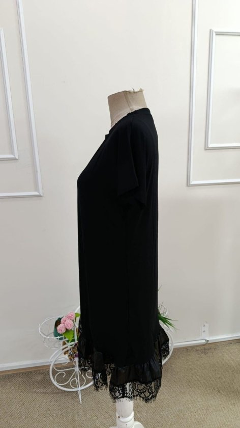 Women's Short Sleeve Crew Neck Short Viscose Dress with Lace Detail, 34023