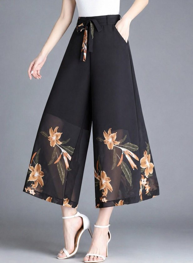 Women's High Waist Floral Print Lined Chiffon Trousers with Waist Tie, 34028