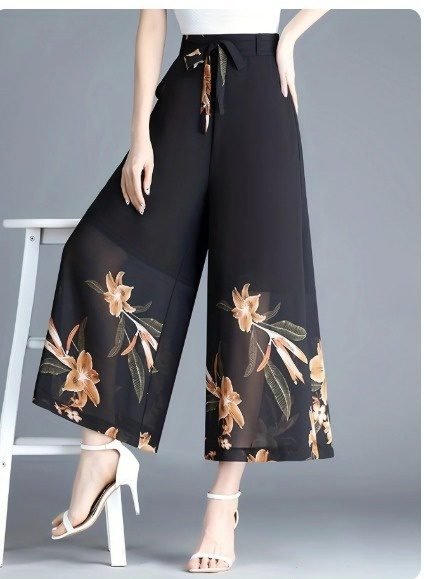 Women's High Waist Floral Print Lined Chiffon Trousers with Waist Tie, 34028