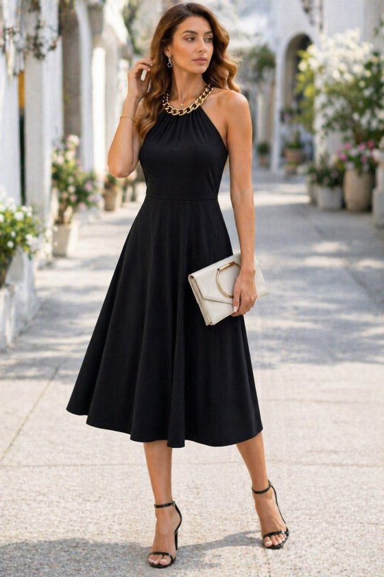 Women's Off-the-Shoulder Neckline Chain Detail Midi Viscose Dress, 34047