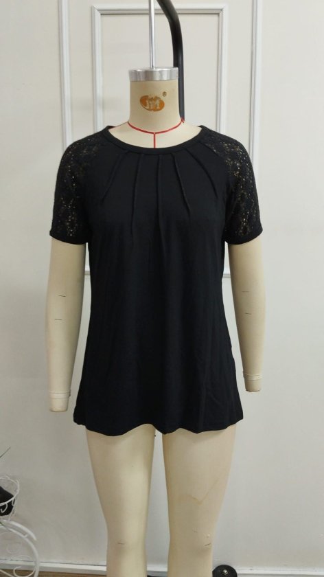 Women's Short Sleeve Crew Neck Ribbed Front Viscose Blouse, 34050