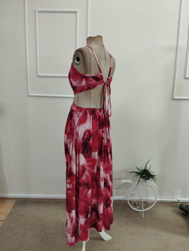 Kadın Ip Askılı Halka Detaylı Sırttan Bağlamalı Yırtmaç Detaylı Uzun Süprem Elbise, 34085