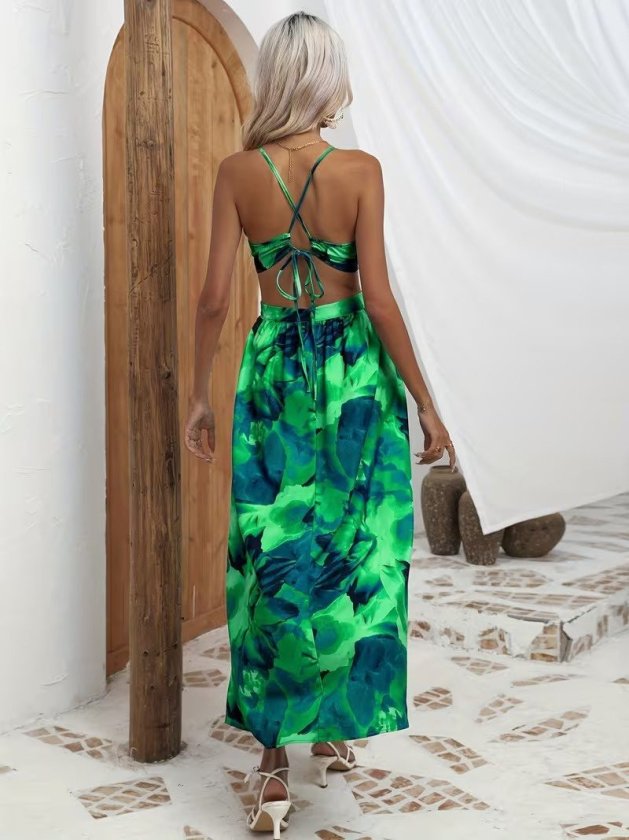Women's Strappy Ring-Detailed Back-Tie Slit Long Supima Cotton Dress, 34086