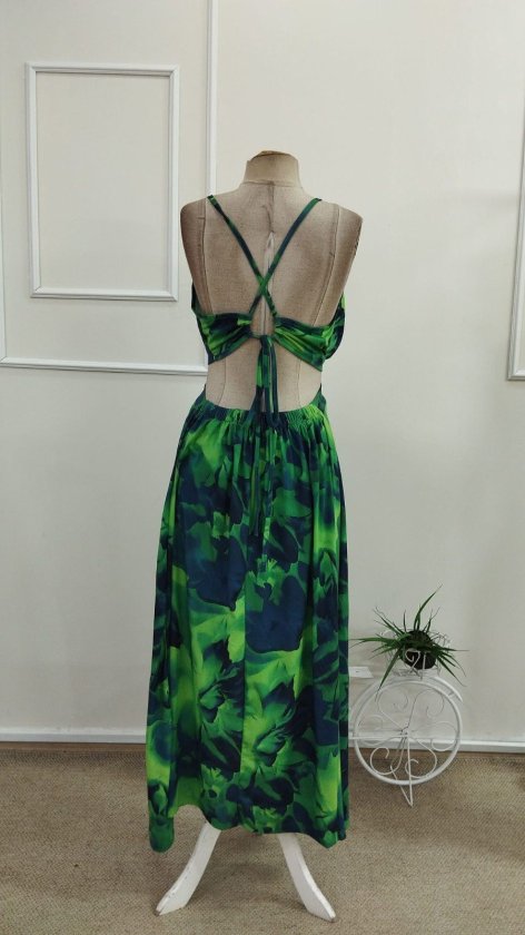 Women's Strappy Ring-Detailed Back-Tie Slit Long Supima Cotton Dress, 34086