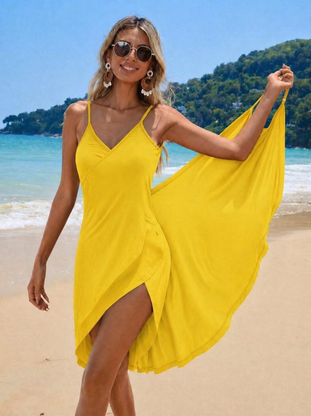 Women's Strappy Wrap-Front Viscose Dress with Cross-Cut Detail, 34156