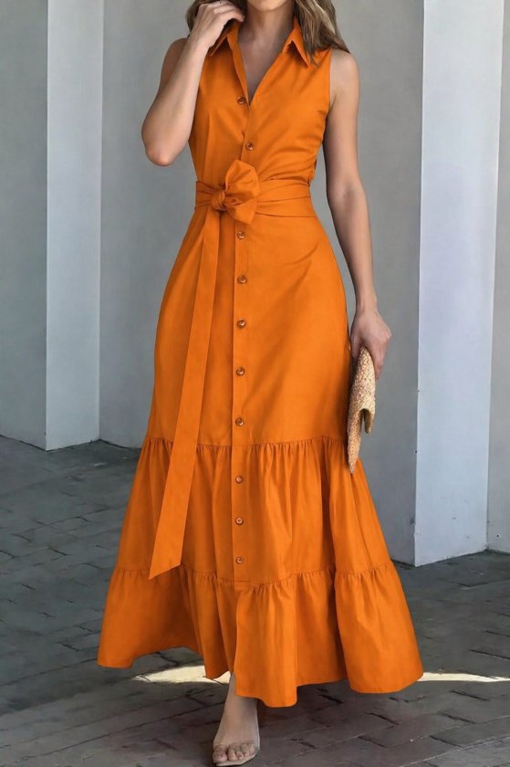 Women's Sleeveless Crew Neck Button Front Belted Long Knit Dress, 34187