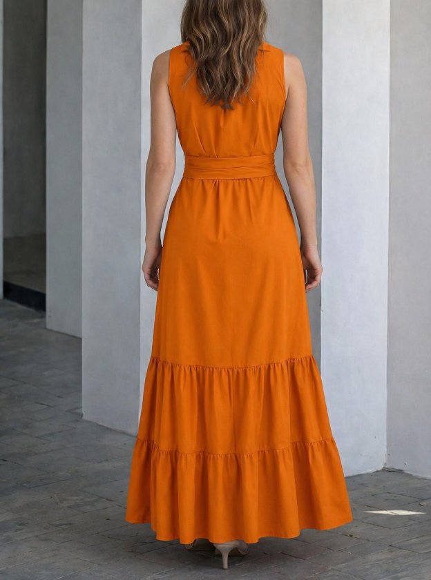Women's Sleeveless Crew Neck Button Front Belted Long Knit Dress, 34187