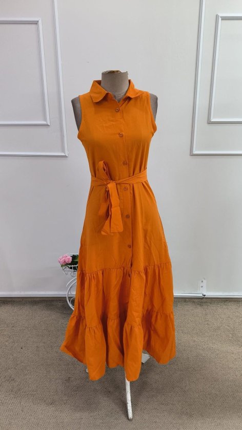 Women's Sleeveless Crew Neck Button Front Belted Long Knit Dress, 34187