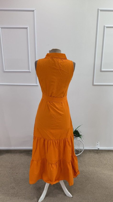 Women's Sleeveless Crew Neck Button Front Belted Long Knit Dress, 34187