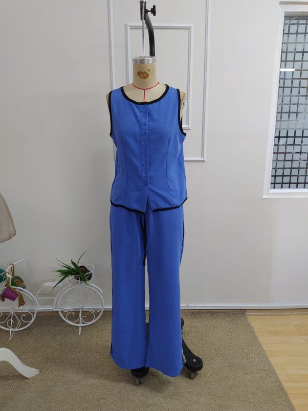 Women's Sleeveless Button-Front Vest and Pants Two-Piece Set, 34195