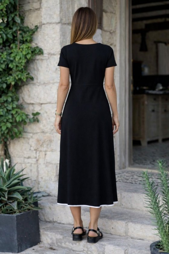 Women's Short-Sleeve Open-Neck Front-Zip Flared Midi Viscose Dress, 34203