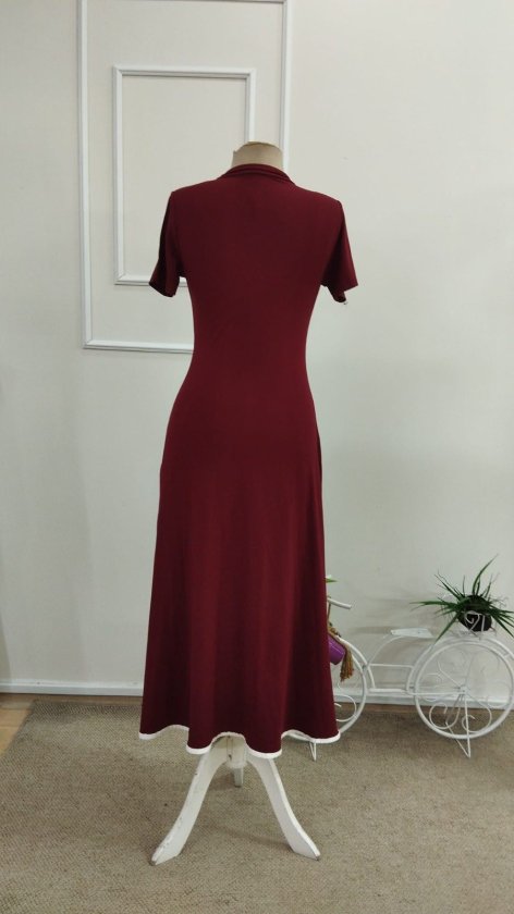 Women's Short Sleeve Open Collar Front Zip Flared Midi Viscose Dress, 34206