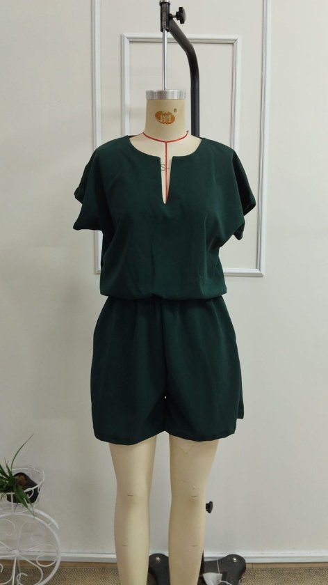 Women's Short-Sleeved V-Neck Elastic Waist Imported Crepe Short Jumpsuit, 34233