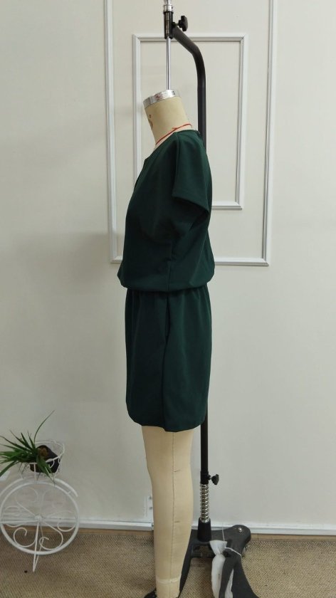 Women's Short-Sleeved V-Neck Elastic Waist Imported Crepe Short Jumpsuit, 34233