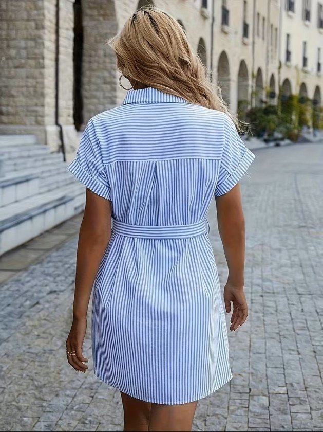 Kadın Kısa Kollu Yakalı önden Düğmeli Beli Kuşaklı Trikoton Elbise, 34887