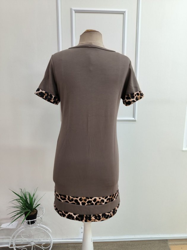 Kadın Kısa Kollu Bisiklet Yaka Leopar şerit Detaylı Kısa Modal Elbise, 35125