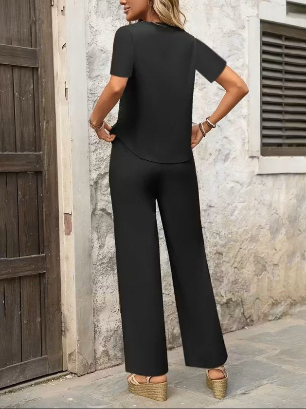 Kadın Kısa Kollu Kayık Yaka önü Asimetrik Detaylı Kısa Sandy Bluz Ve Pantolon Ikili Takım, 36848