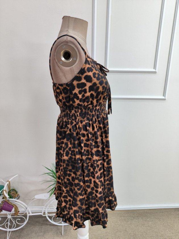 Kadın Askılı Hafif Yuvarlak Yaka Bağcıklı Beli Lastikli Leopar Desenli Kısa Süprem Elbise, 35409