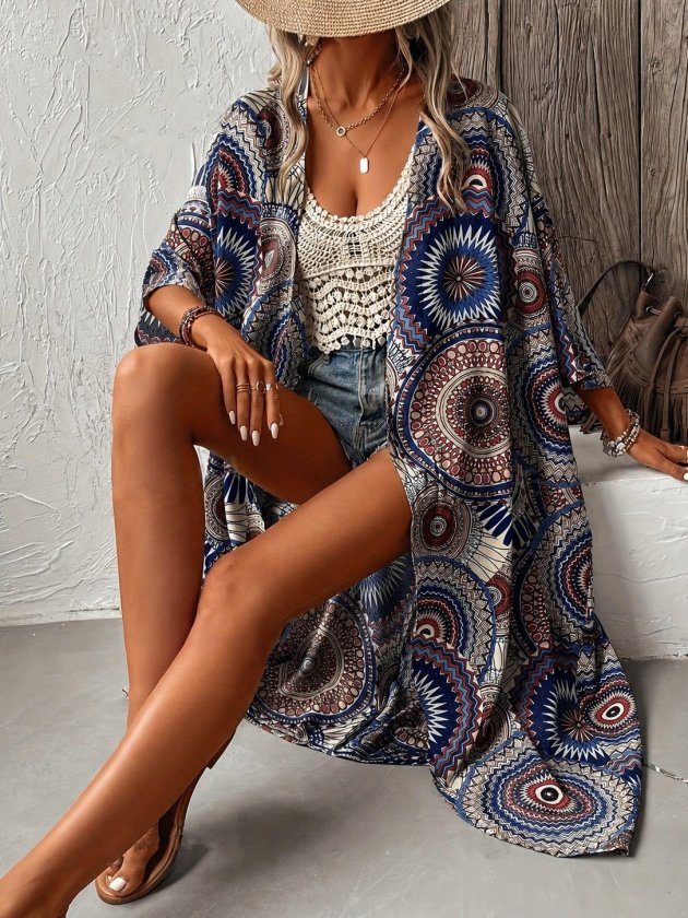 Kadın Kısa Kollu önü Açık Belden Kuşaklı Uzun Kimono, 35445