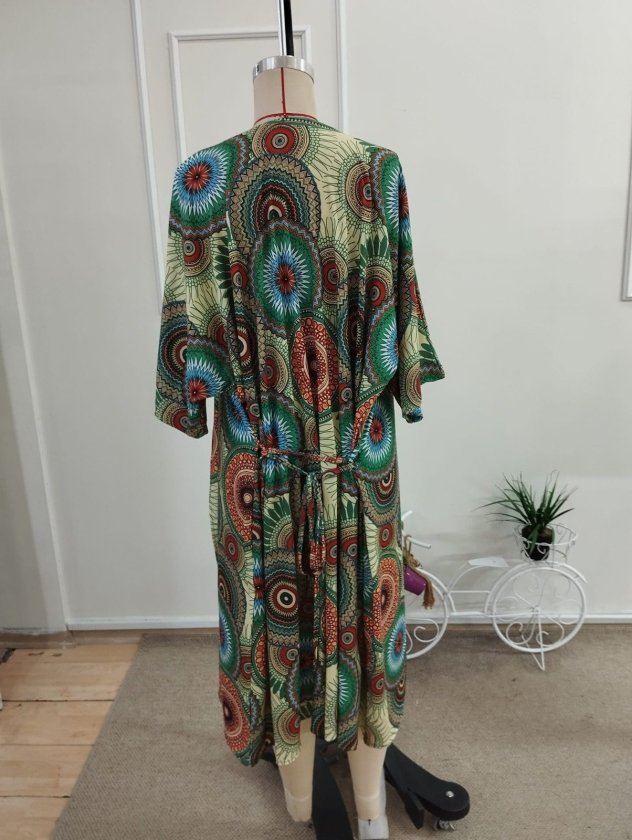 Kadın Kısa Kollu önü Açık Belden Kuşaklı Uzun Kimono, 35446