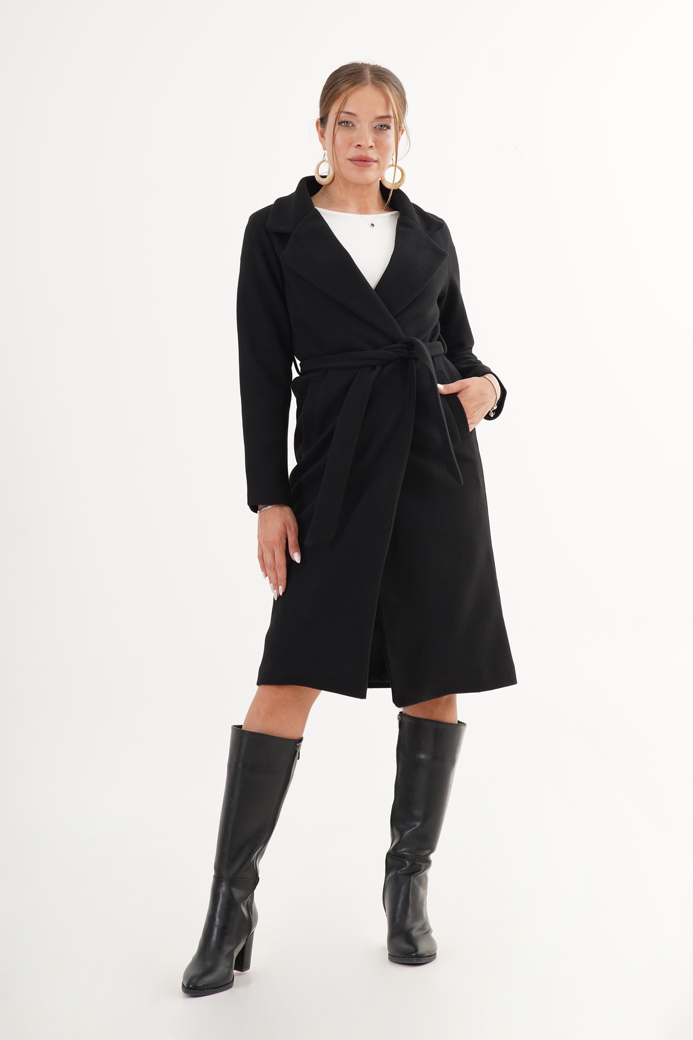 Beli Kuşaklı Astarlı Toptan Siyah Kaşe Kaban Siyah S