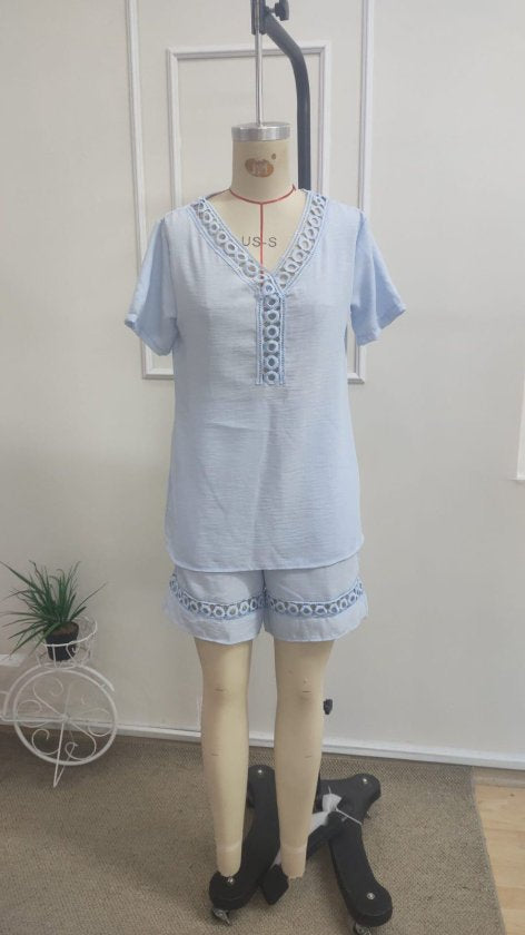 Kadın Kısa Kollu V Yakalı Bluz Ve Short Ikili Takım, 37651