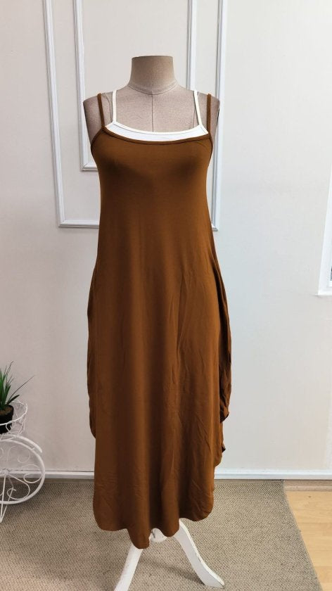 Kadın Ip Askılı Yuvarlak Yakalı Cepli Uzun Viskon Elbise, 36048