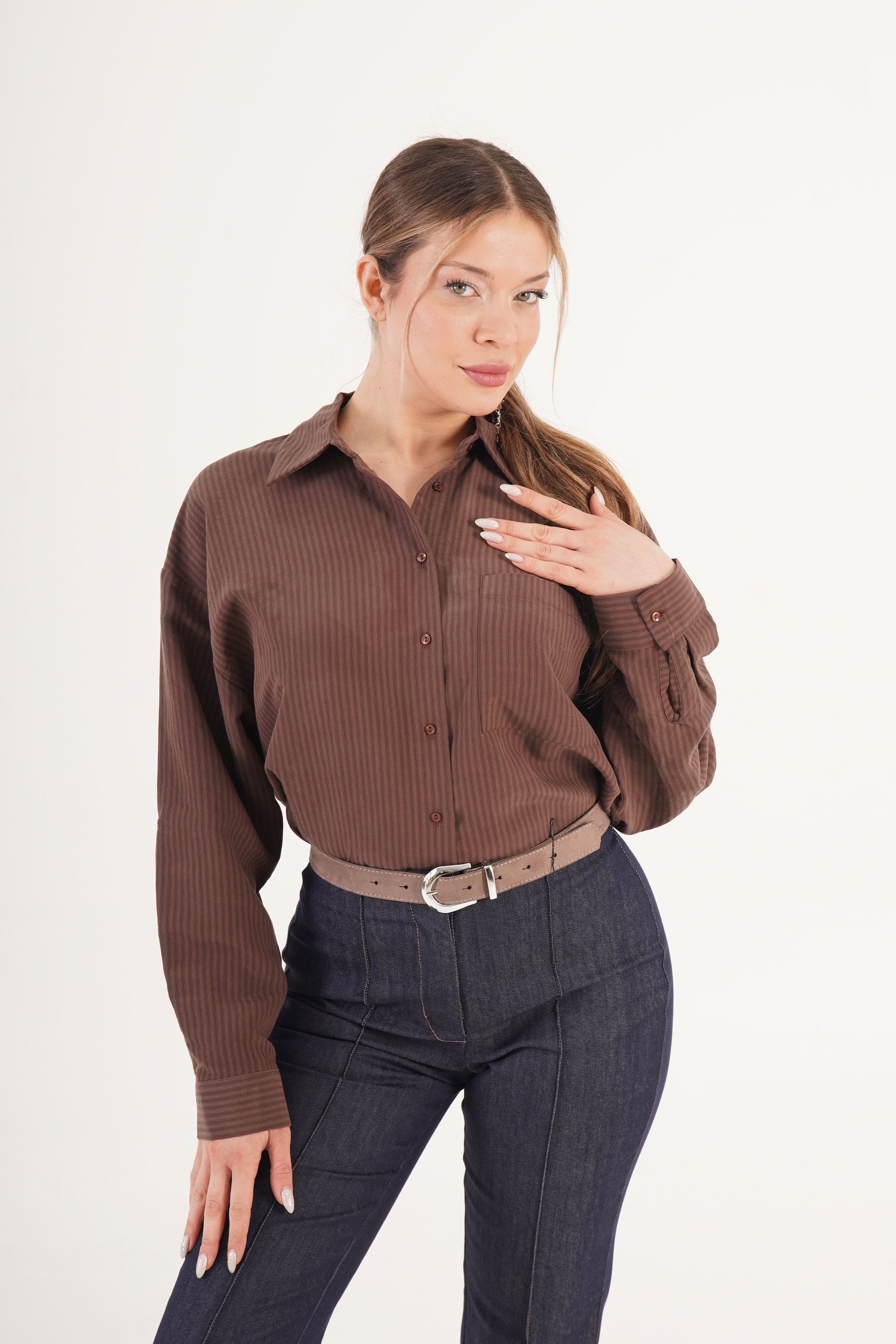 Çizgili Dökümlü Toptan Kahve Gömlek Kahverengi S
