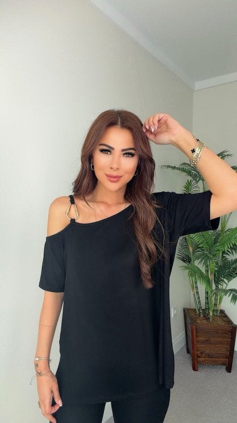 Kadın Kısa Kollu Tek Omuzdan Askılı Toka Detaylı Viskon Bluz, 37897