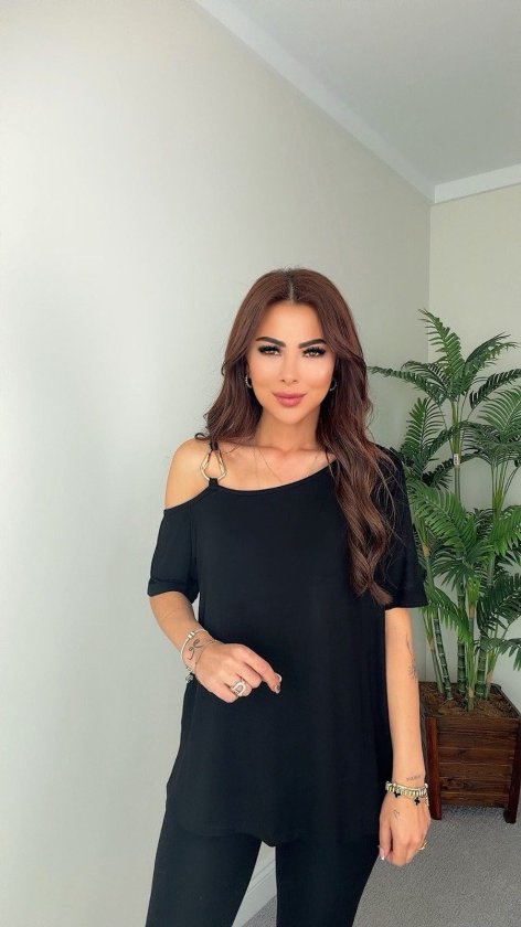 Kadın Kısa Kollu Tek Omuzdan Askılı Toka Detaylı Viskon Bluz, 36530