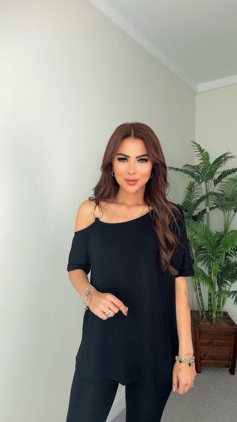 Kadın Kısa Kollu Tek Omuzdan Askılı Toka Detaylı Viskon Bluz, 37897