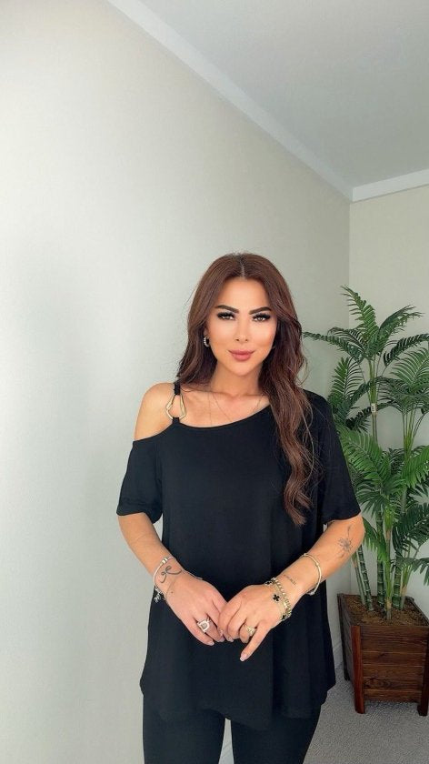 Kadın Kısa Kollu Tek Omuzdan Askılı Toka Detaylı Viskon Bluz, 37897