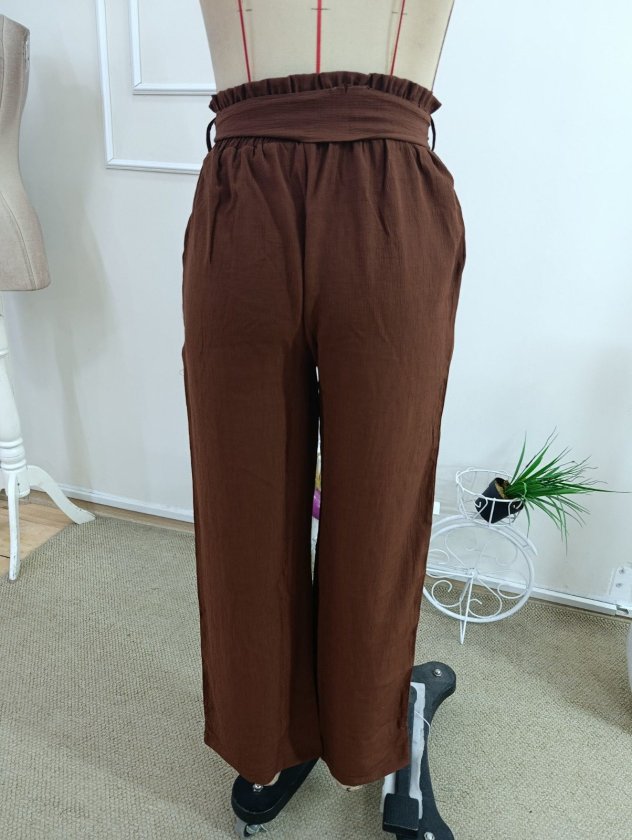 Kadın Yüksek Bel Lastikli Bağcıklı Uzun Geniş Kesim Detaylı Krinkıl Pantolon, 36683