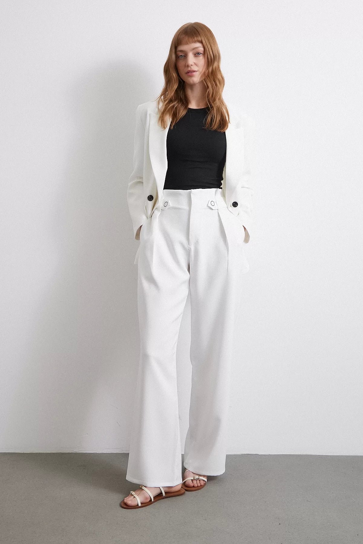 Bel Detaylı Wide Leg Pantolon - Ekru