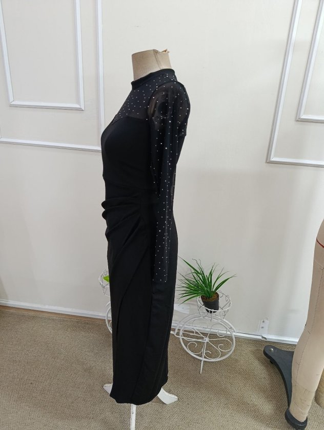 Kadın Uzun Kollu Bisiklet Yakalı Tül Taş Detaylı Midi Janjan Krep Elbise , 37339