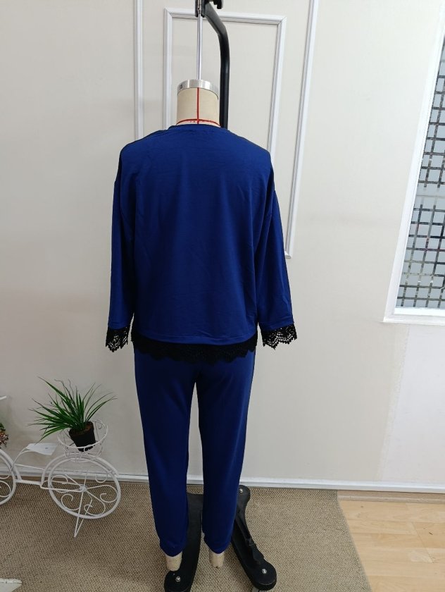 Kadın Uzun Kollu Bisiklet Yakalı Dantelli Viskon Iki Iplik Bluz Ve Pantolon Ikili Takım, 37341