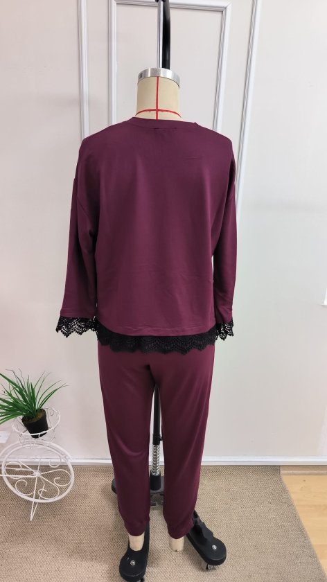 Kadın Uzun Kollu Bisiklet Yakalı Dantelli Viskon Iki Iplik Bluz Ve Pantolon Ikili Takım, 37342