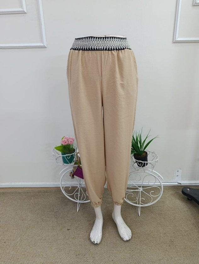 Kadın Yüksek Bel Beli Lastikli Dökümlü Ve Beli şeritli Pera Pantolon , 37381