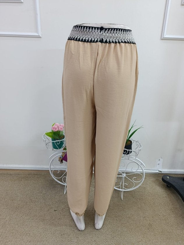 Kadın Yüksek Bel Beli Lastikli Dökümlü Ve Beli şeritli Pera Pantolon , 37381