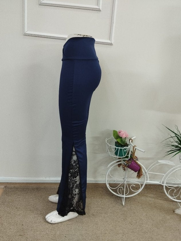 Kadın Yüksek Bel Yandan Dantel Detaylı Paçaya Doğru Geniş Dalgıç Tayt Pantolon, 37438