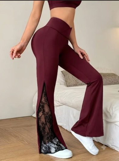 Kadın Yüksek Bel Yandan Dantel Detaylı Paçaya Doğru Geniş Dalgıç Tayt Pantolon, 37439