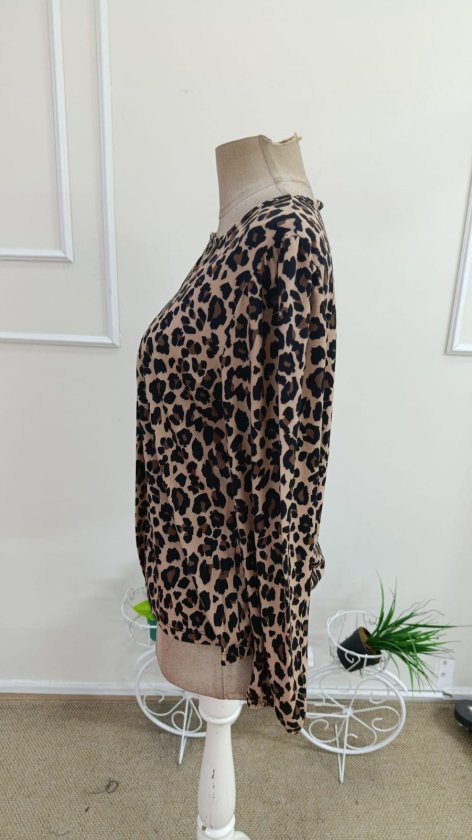 Kadın Uzun Kollu Yuvarlak V Yakalı Leopar Desenli Süprem Bluz, 38027