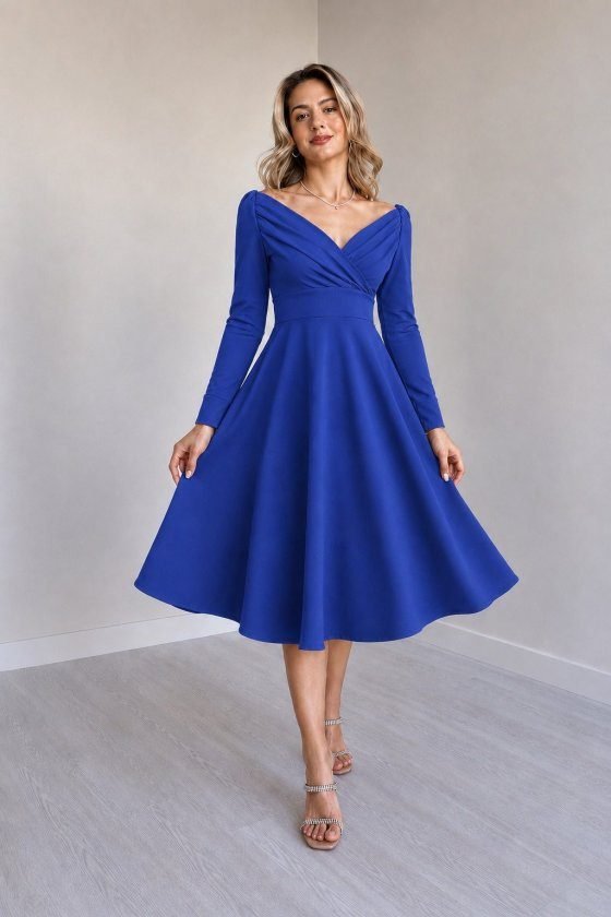 Kadın Uzun Kollu Kruvaze Yakalı Pileli Midi Janjan Krep Elbise, 38128