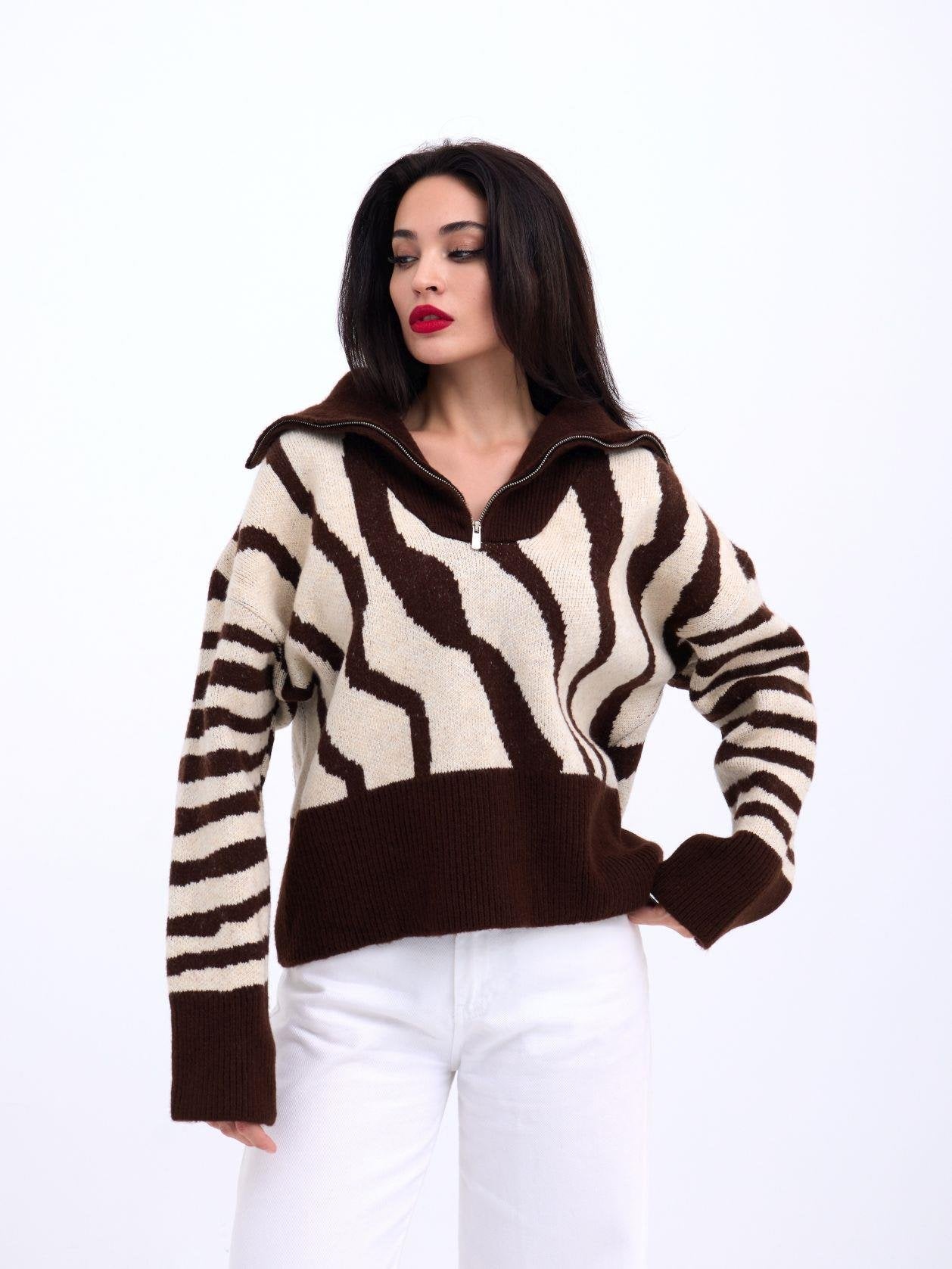 3928 TRİKO ZEBRA KAZAK-KAHVE-TAŞ