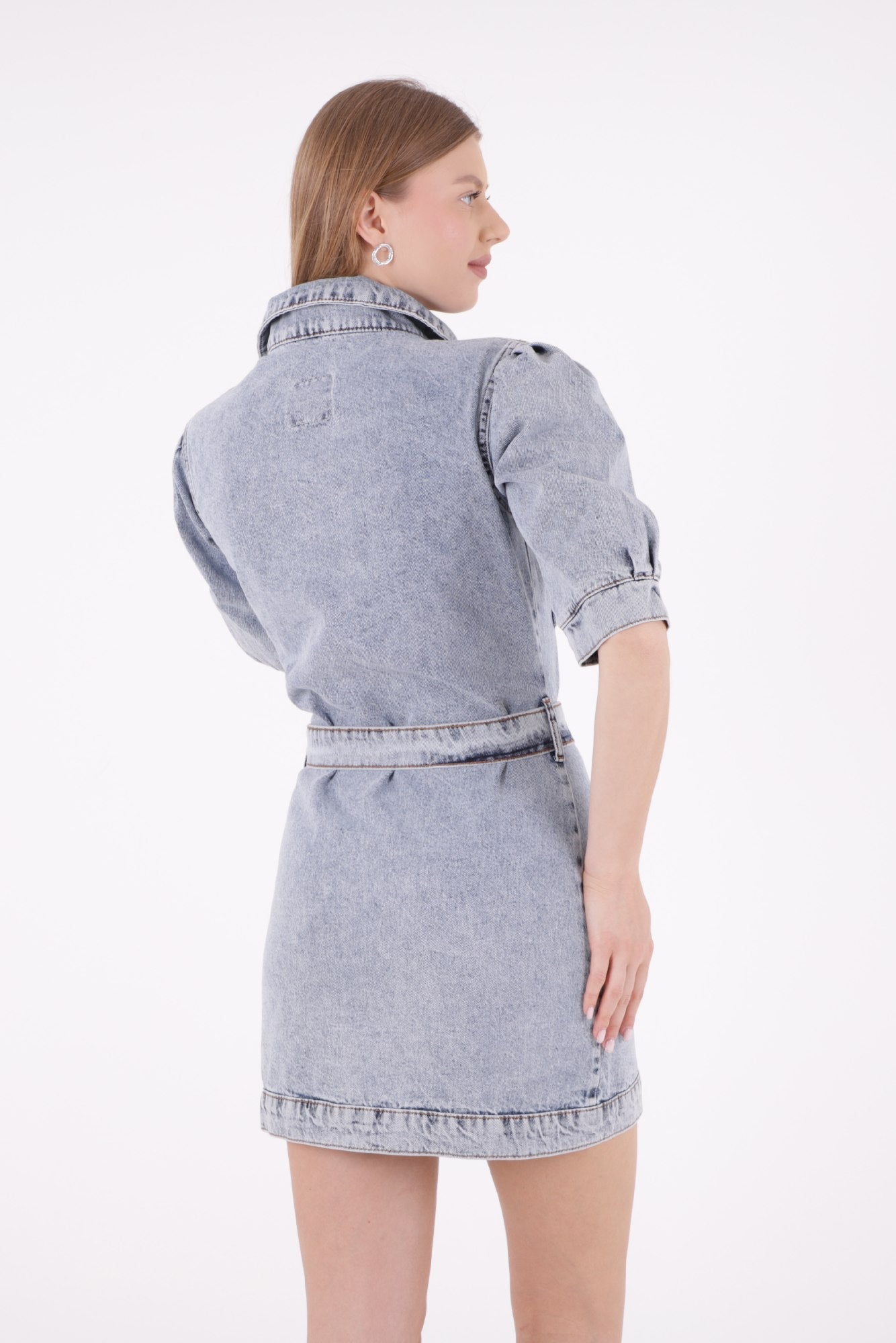 Balon Kol Kot Elbise - Kar Yıkama Açık Mavi - (S-XL-6) - 5