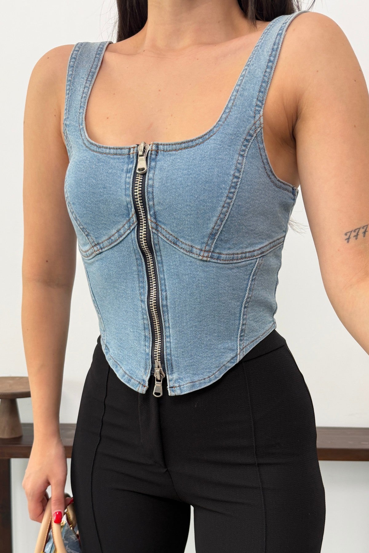 Fermuarlı Denim Büstiyer 411