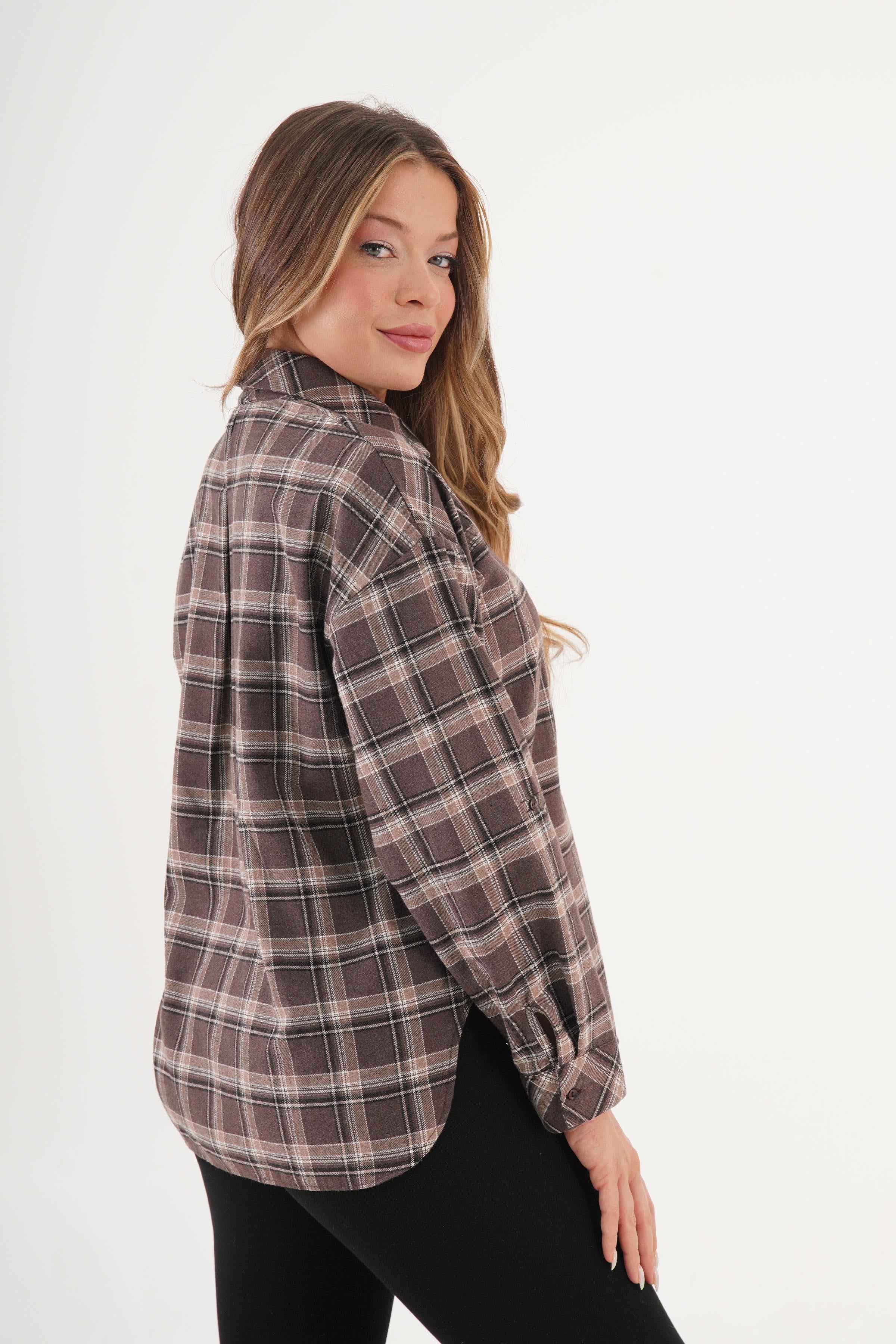 Ekoseli Kravatlı Toptan Kahve Gömlek