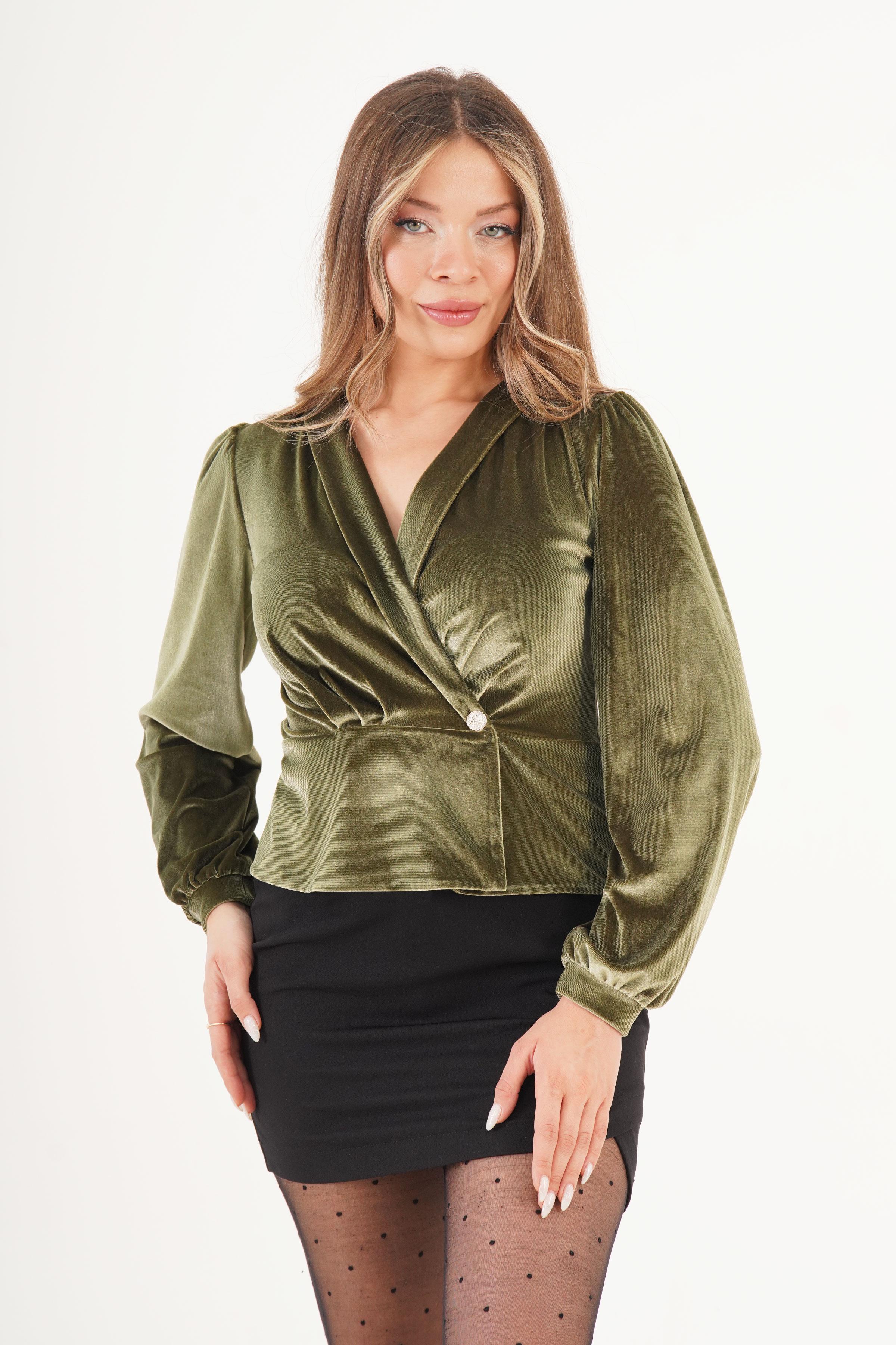 V Yaka Haki Kadife Toptan Bluz